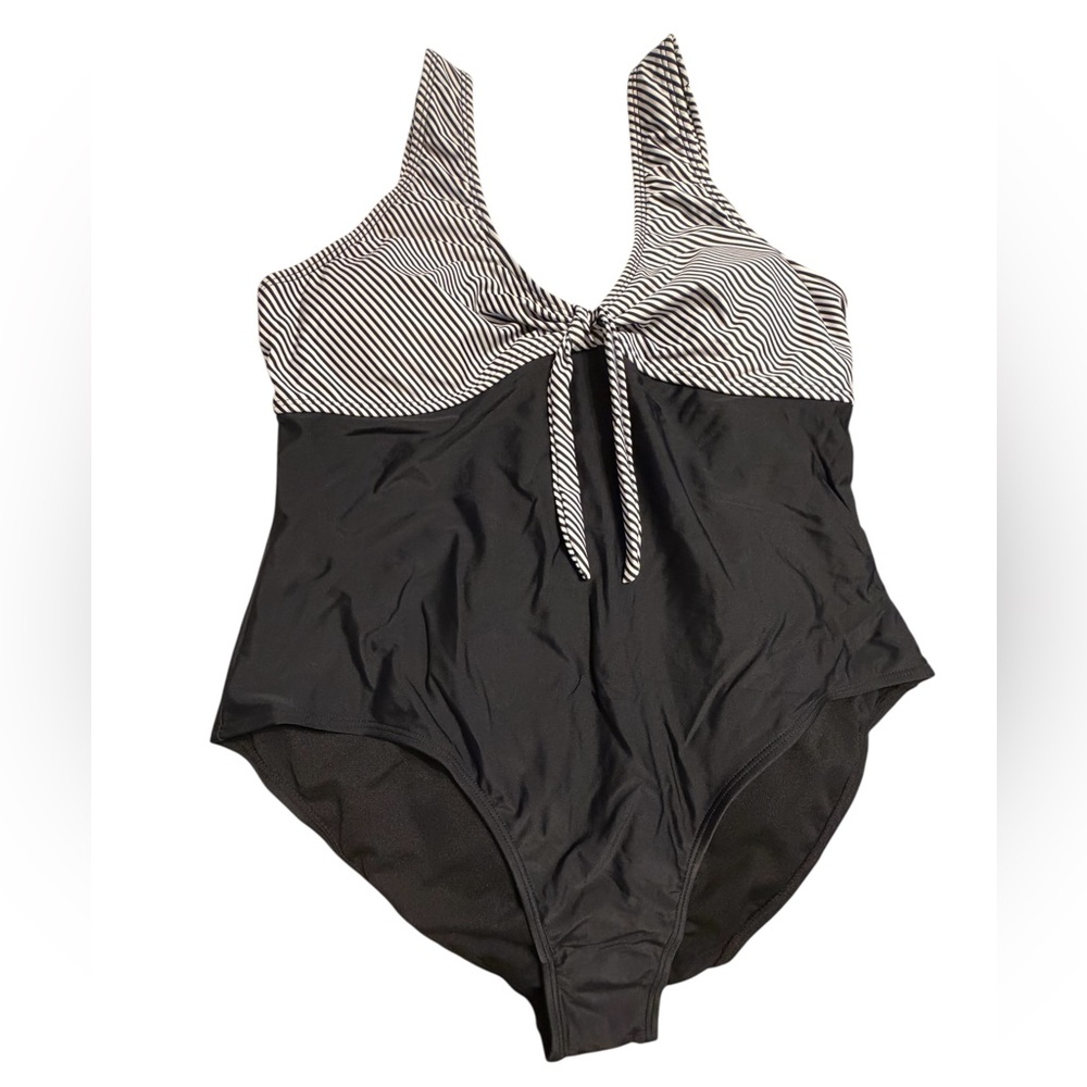 Women’s Striped Black and White One-Piece Swimsuit, XL (12-14)
